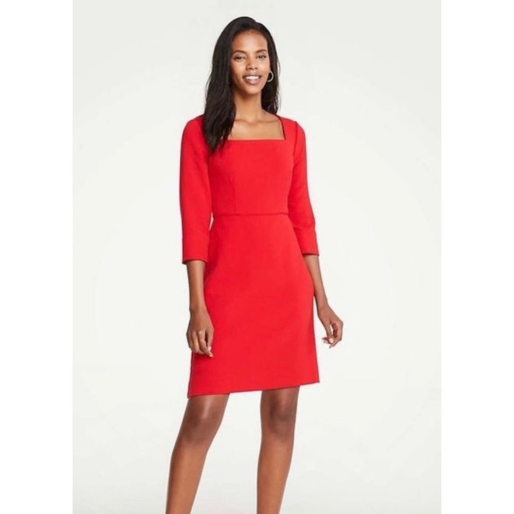 Ann Taylor Red Square Neck Long Sleeve Mini Sheath Dress 8T